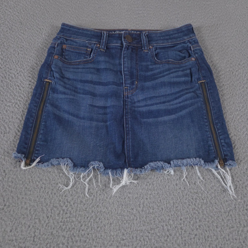 American Eagle Skirt Womens 2 Blue Hi-Rise Mini Ne(x)t Level Stretch Raw Hem Zip